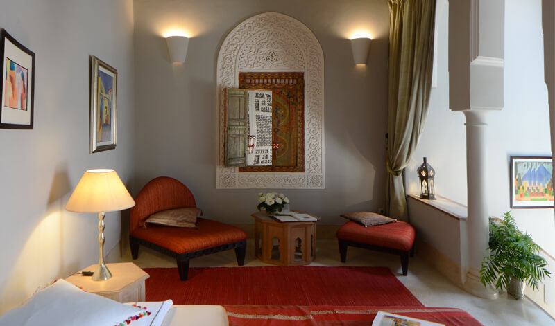 living room of the Glaoui suite riad Dar Housnia in Marrakech